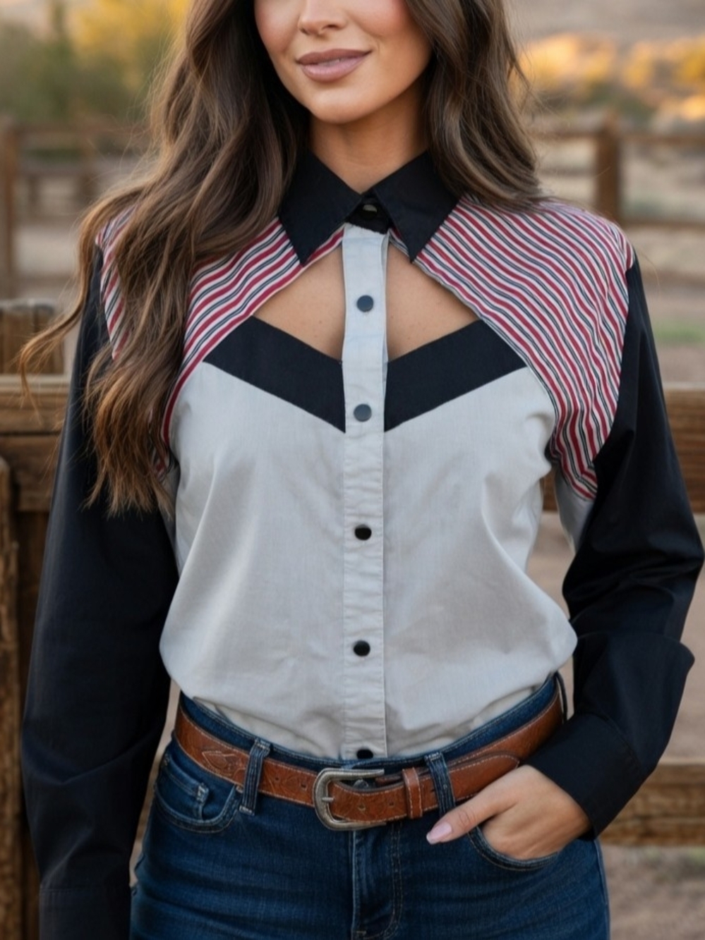 Women's Western Red & White Stripe Yoke Snap Button Cutout Neckline Shirt